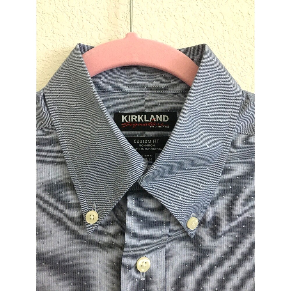 Kirkland Signature Men 15 32/33 Blue Dobby Non Iron Custom Fit Dress Shirt